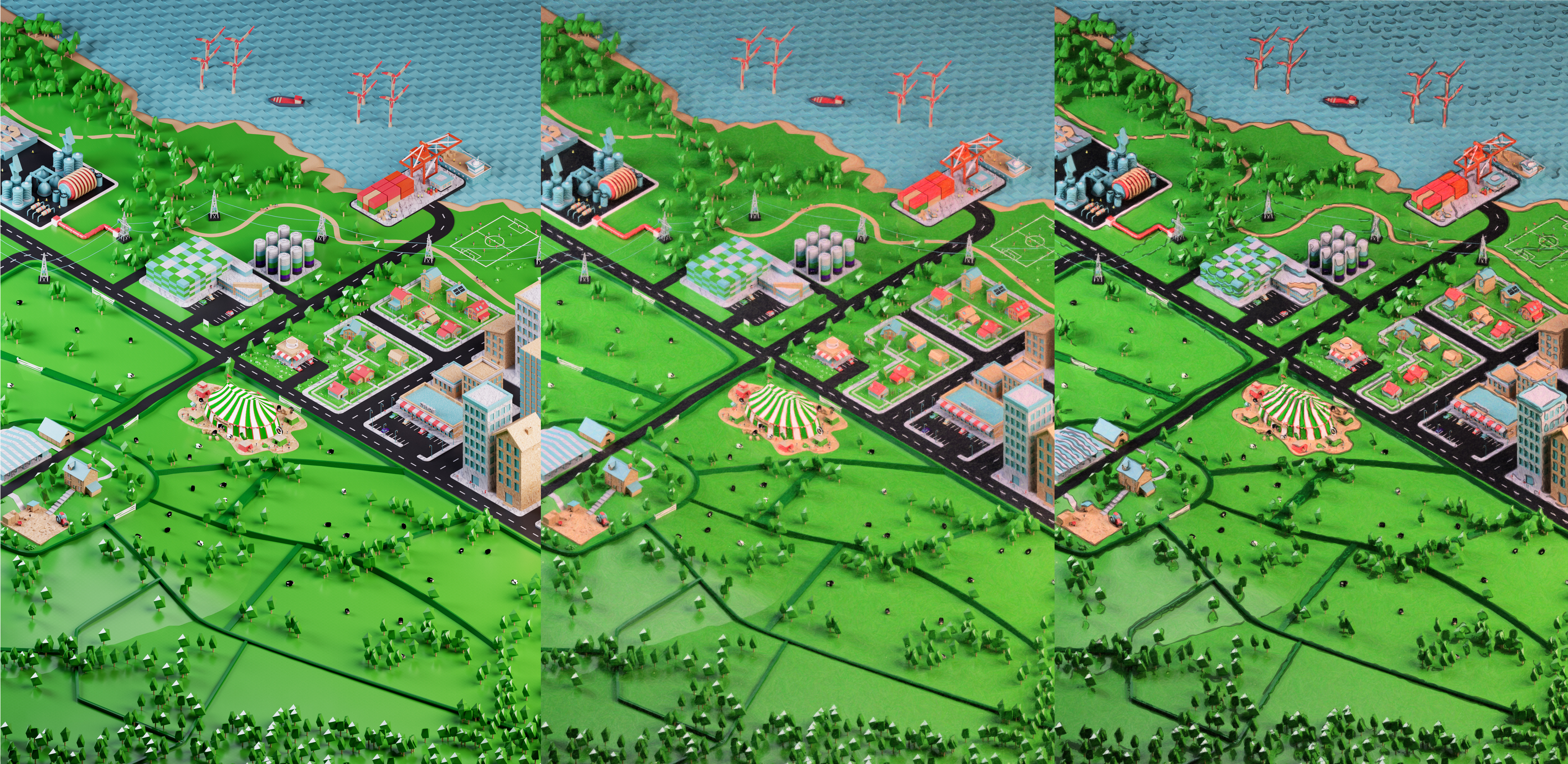 A wide aerial illustration of the Arla virtual farm &mdash; a stylised town with farm, shop, factory, coffee shop and wind turbine, rendered in soft daylight.