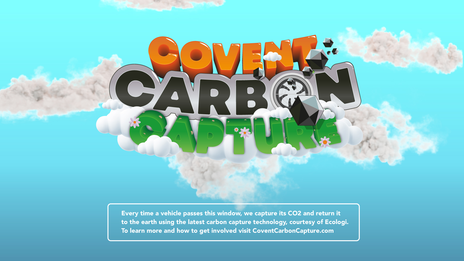 Covent Carbon Capture intro screen &mdash; a small illustrated island with a smoking factory and parallax clouds, sitting under the project wordmark.