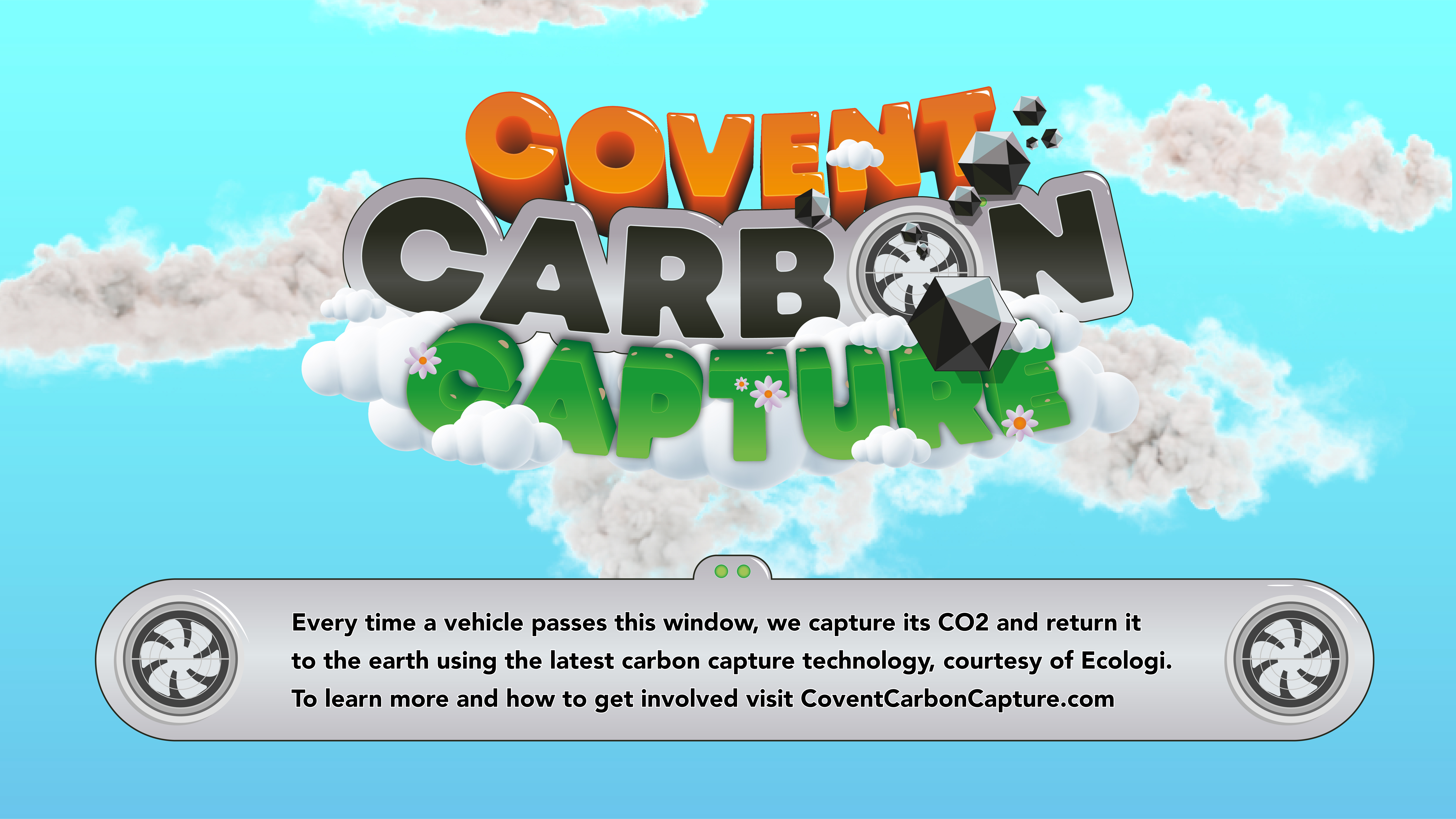 The Covent Carbon Capture data screen mid-state, showing the illustrated island scene and the live carbon tally